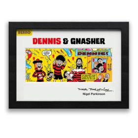 Dennis & Gnasher Framed Stamp Sheet, signed by Beano artist, Nigel Parkinson